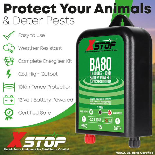 X-Stop BA80 12v Battery Powered Electric Fence Energiser Fencer for Horses 0.6J - 10Km