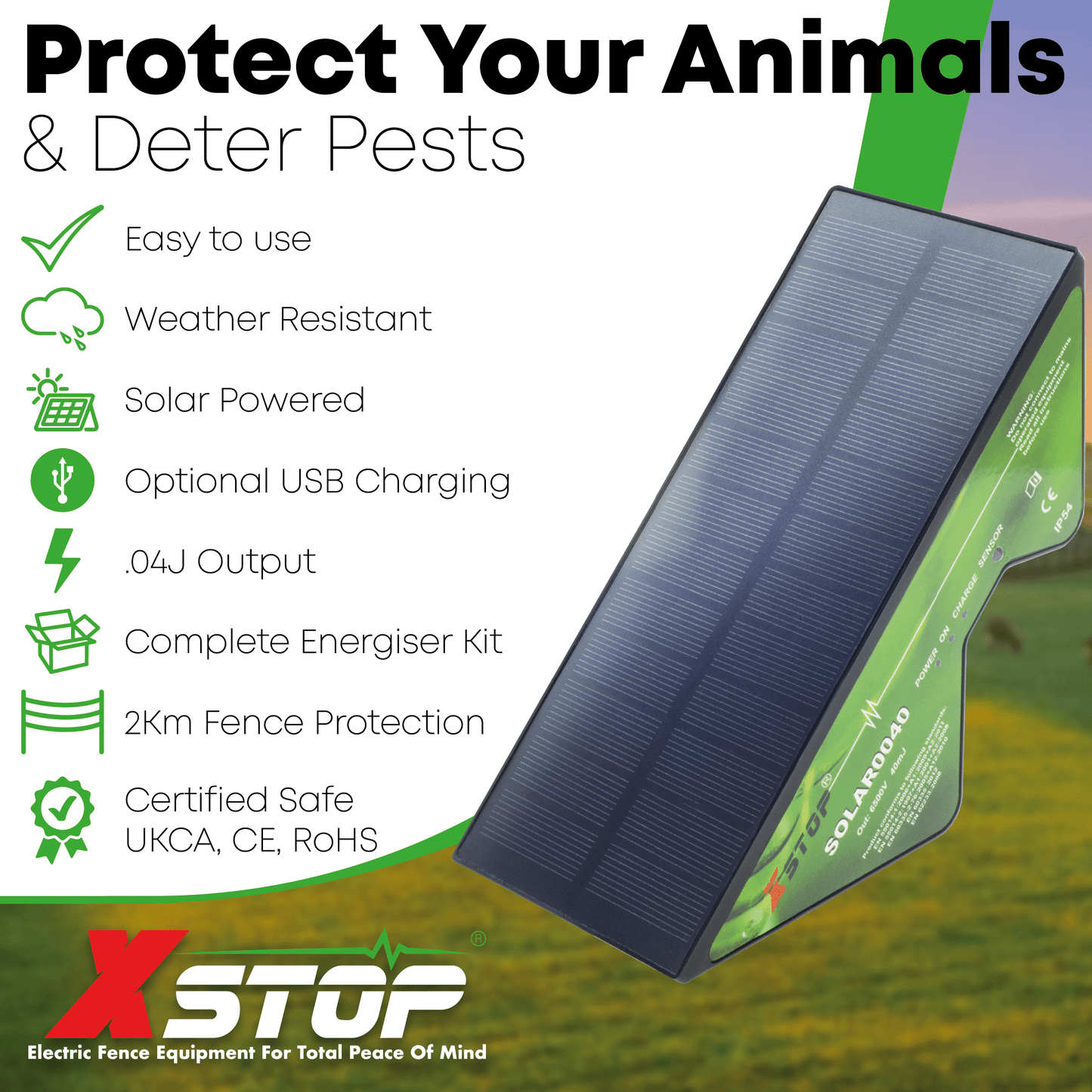 Solar 0040 Solar & Battery Powered Electric Fence Energiser .04J - 2Km | X-Stop