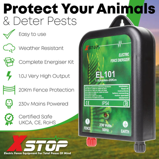 EL101 230v Mains Powered Electric Fence Energiser 1.0J - 20km | X-Stop