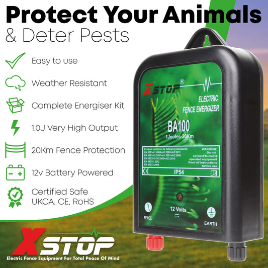 BA100 12v Battery Powered Electric Fence Energiser 1.0J - 20Km | X-Stop