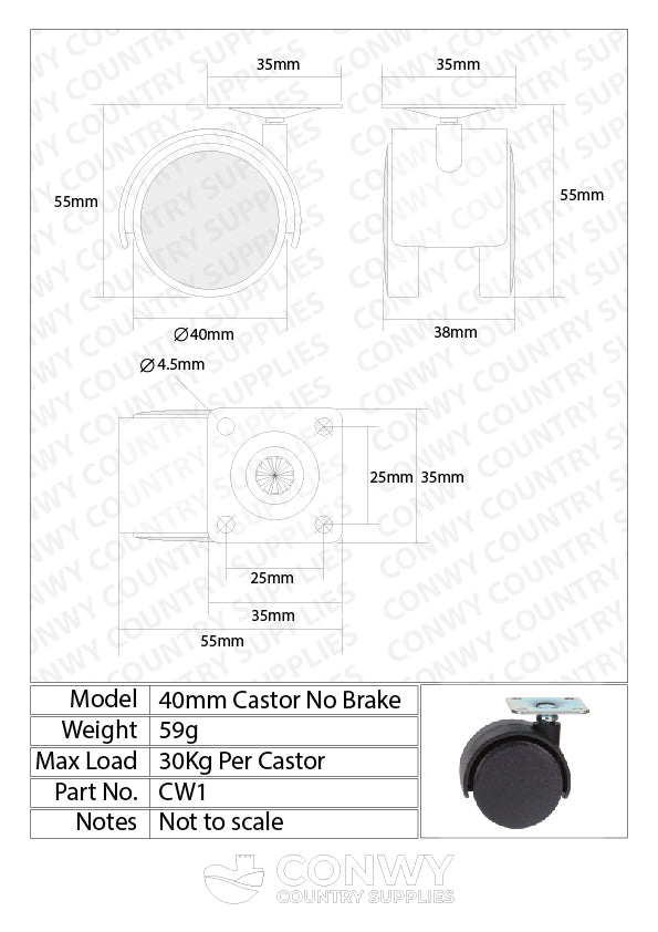 40mm Plastic Castor Wheels - 4 pack