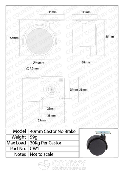 40mm Plastic Castor Wheels - 4 pack