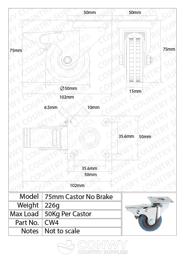 50mm Metal Framed 360° Swivel Caster Wheels with Brake | Single