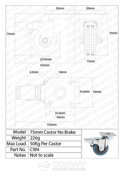 50mm Metal Framed 360° Swivel Caster Wheels with Brake | Single